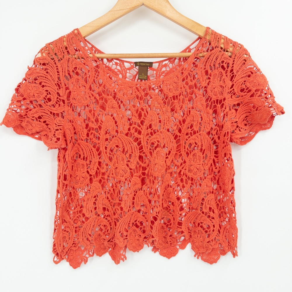 Vintage Crochet Lace Top Womens Small Orange Cropped Boho Festival Summer Cotton
